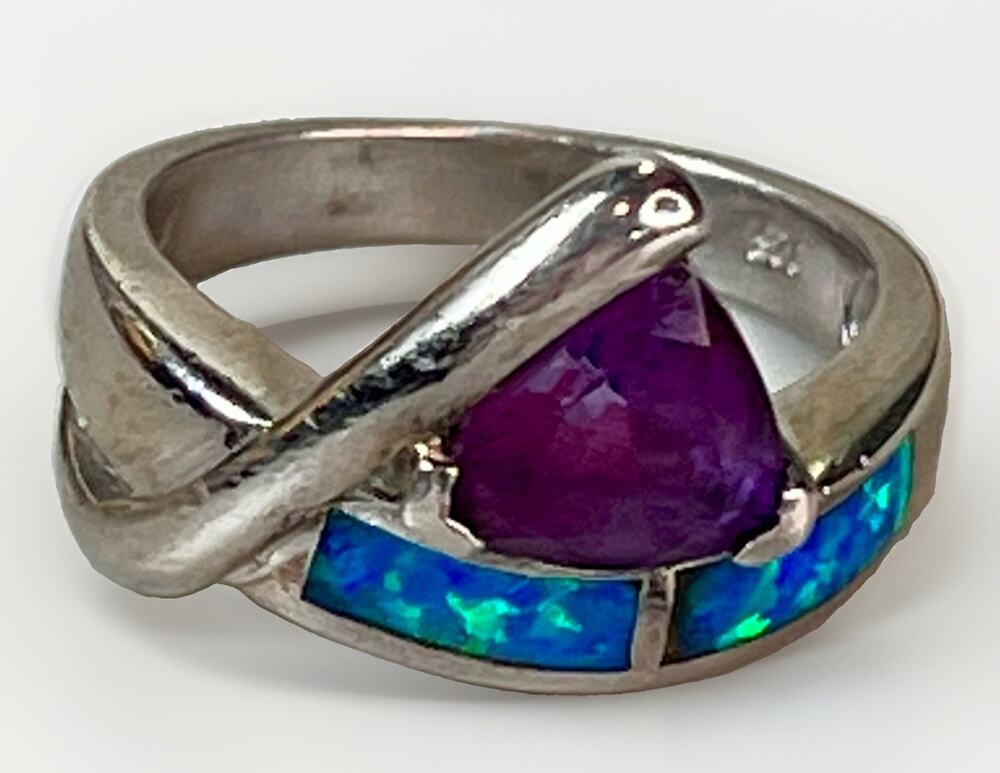 Sterling Silver Amethyst Blue Opal Inlay Modernist Statement Ring Size 7